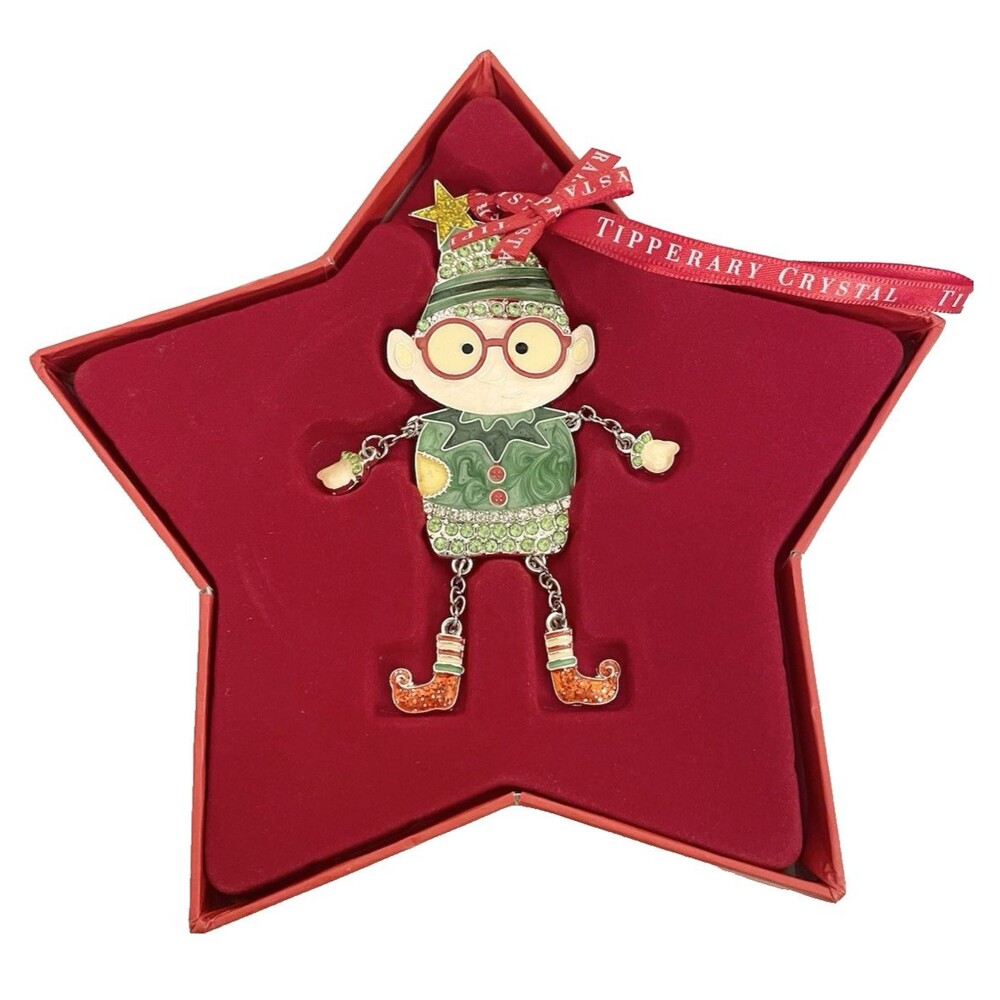 NEW Tipperary Crystal ELF Enameled Ornament Bejeweled Red Silver Tone 4x3"